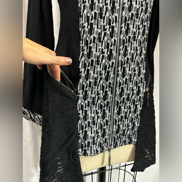 Unique Black Printed Asymmetrical Knit Zipper Cardigan Jacket Small - Picture 5 of 7